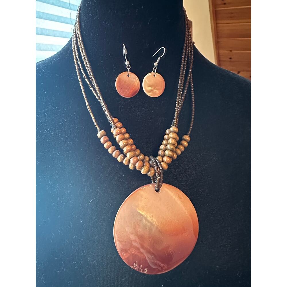 Handcrafted Brown Beaded Necklace w/ Large Shell Disc Pendant and Earrings Set